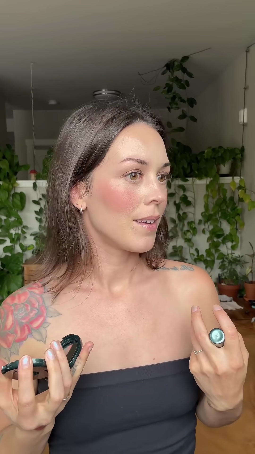 Close-up of muted terracotta blush creating warm fall look