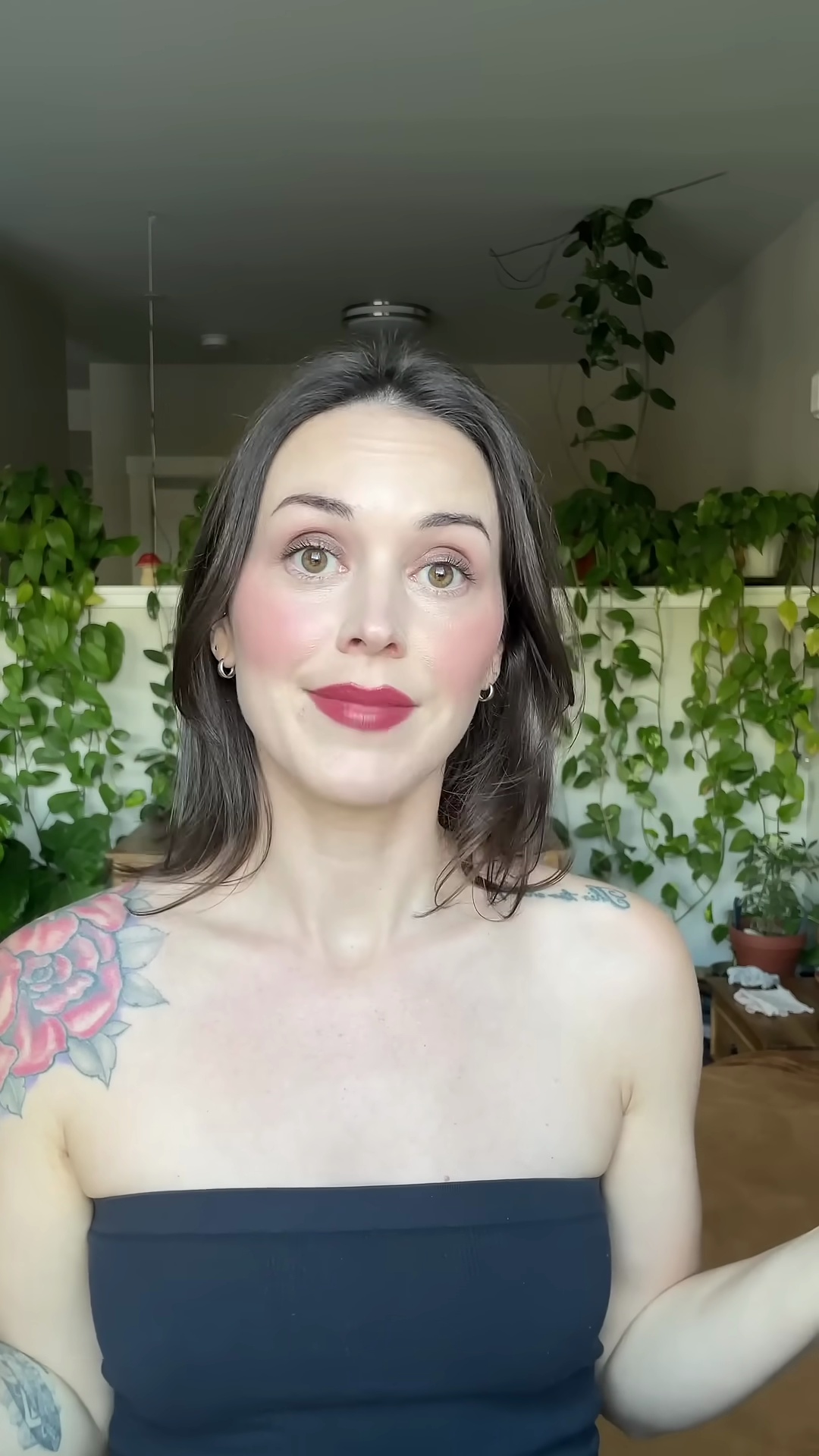 Complete makeup look featuring Revlon Rum Raisin lipstick on fair olive skin