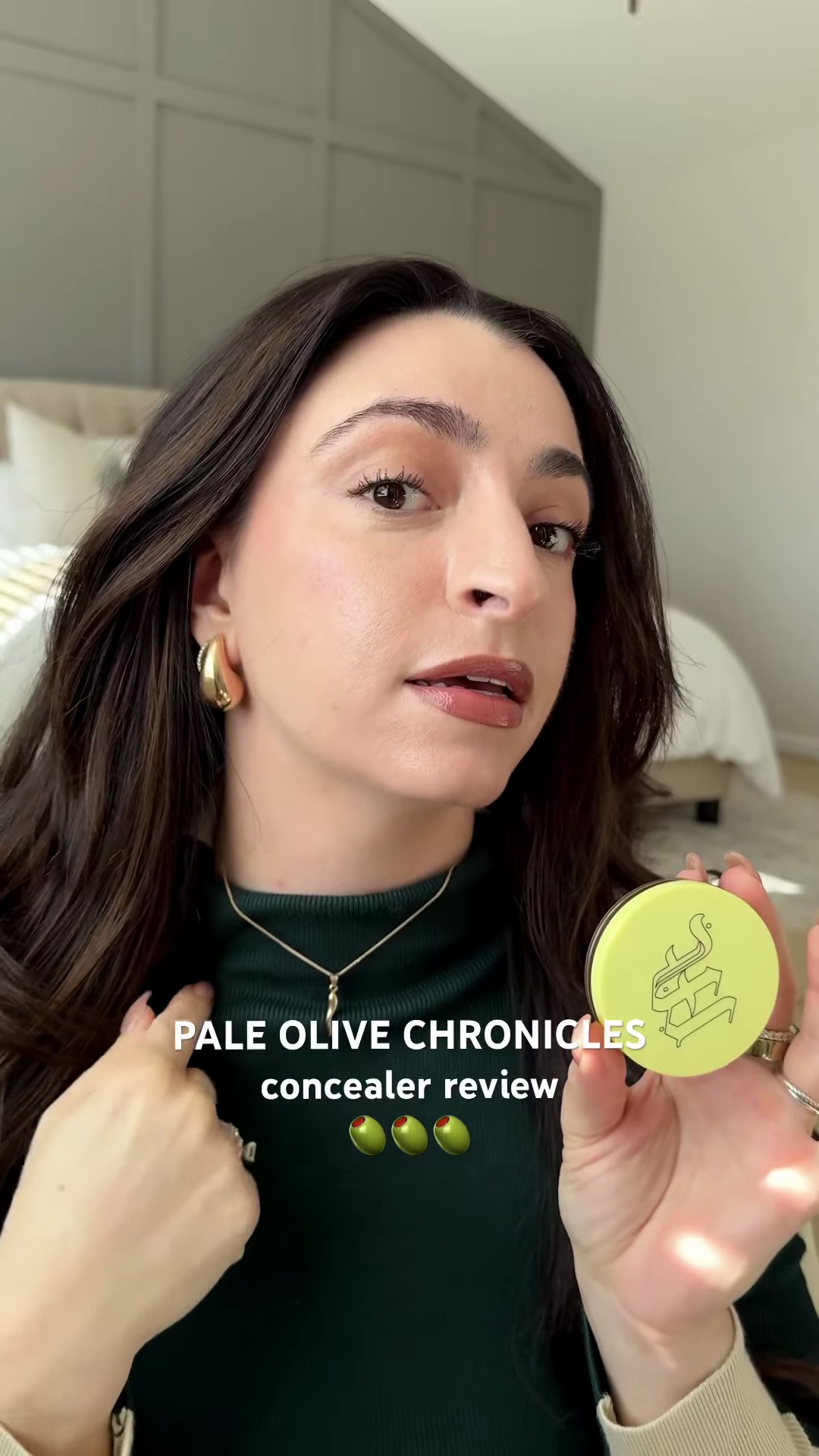 Perfect color match between face and neck using Made By Mitchell Balm Concealer in BB3 on fair olive skin