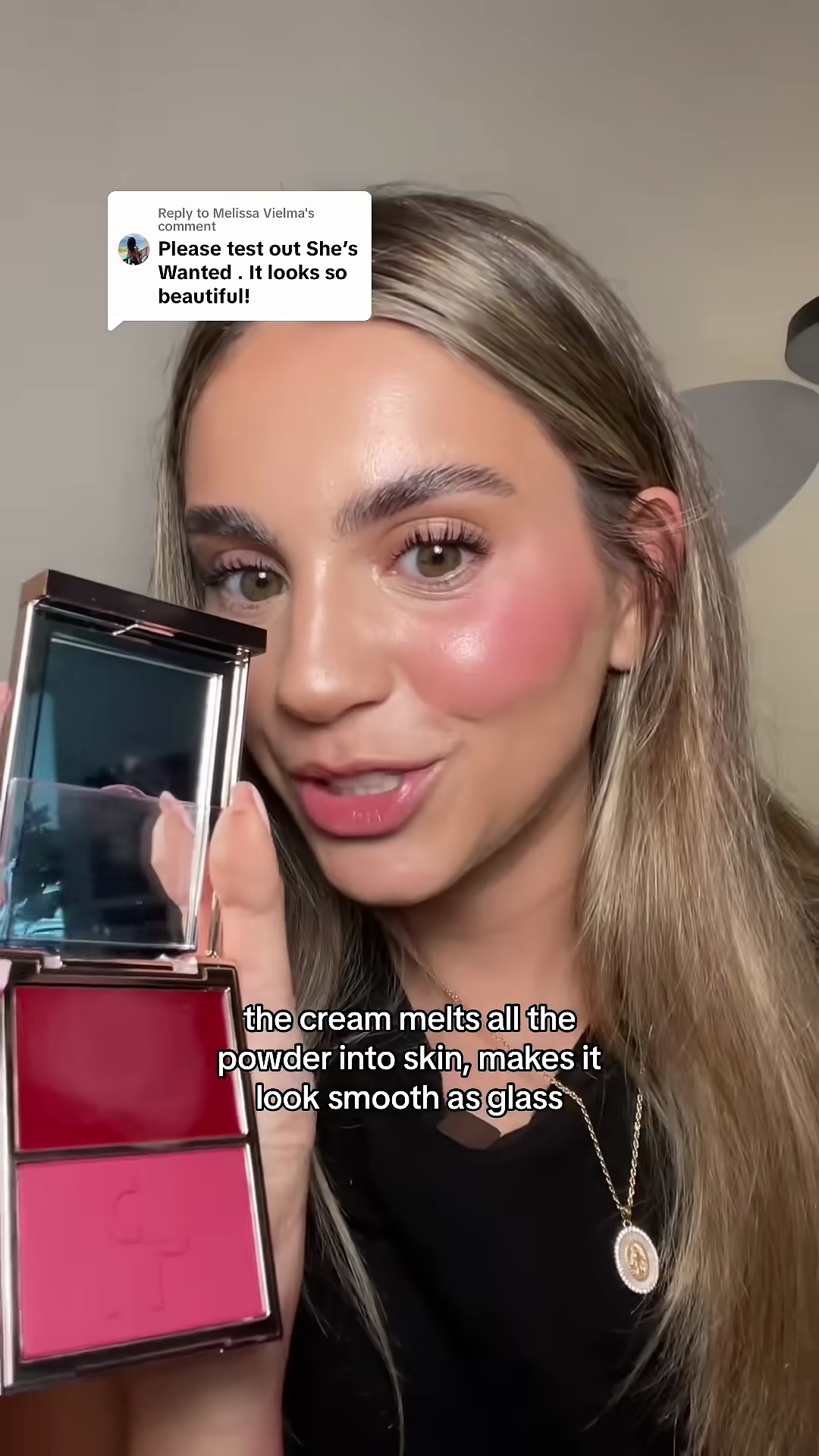 Beauty creator applying Patrick Ta cream blush with sponge applicator