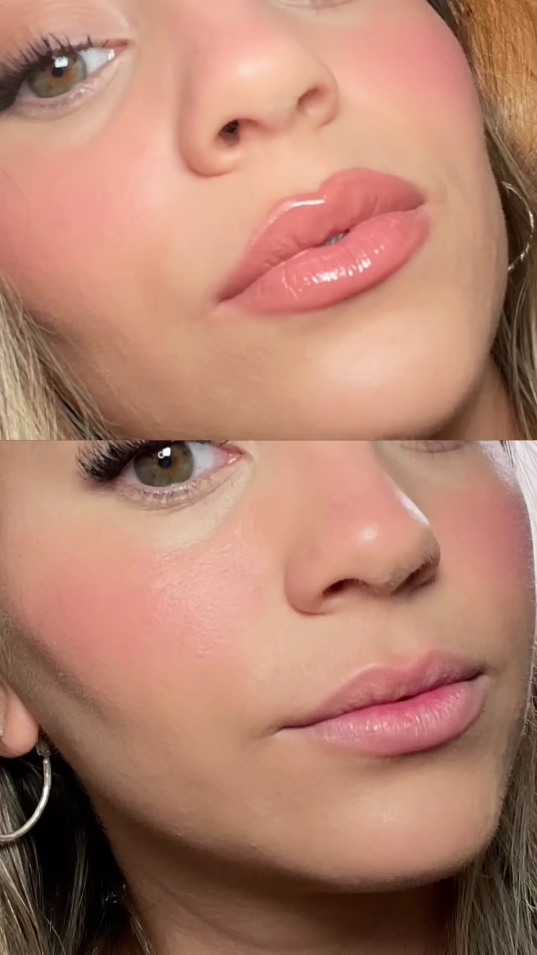 Split screen showing lips before application and after 5 minutes with Dr. Dennis Gross lip treatment