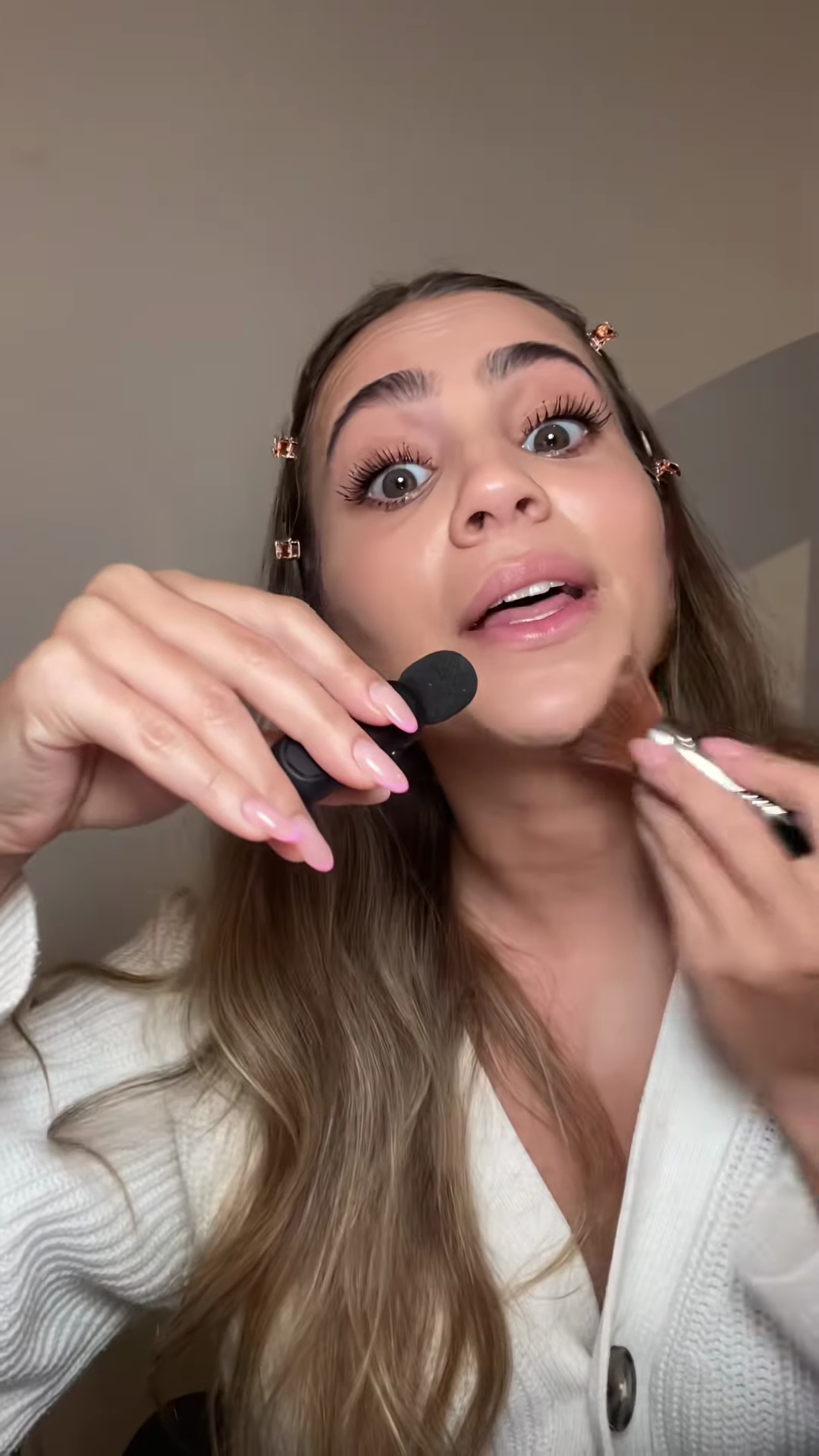 Fully blended foundation creating seamless finish on face and neck