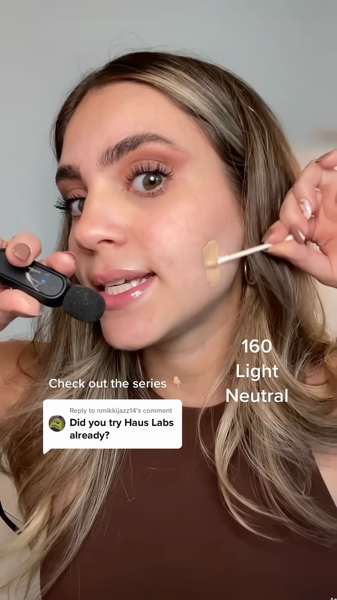 Haus Labs foundation shades 130 and 160 swatched on light olive skin tone