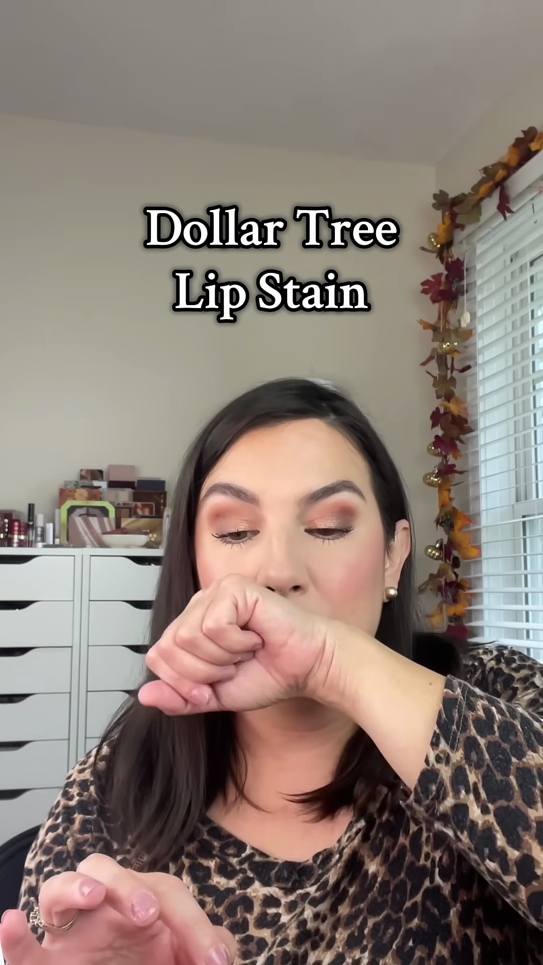 Close-up of Emily's lips showing the vibrant stain left after blotting