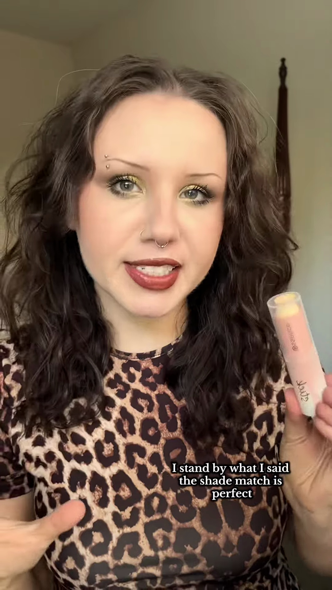 Completed makeup look featuring Essence foundation stick shade 03 on pale olive skin