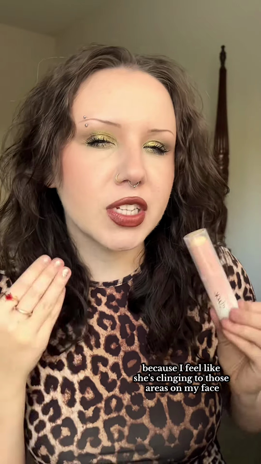 Detailed view of foundation texture on chin and forehead areas of pale olive skin