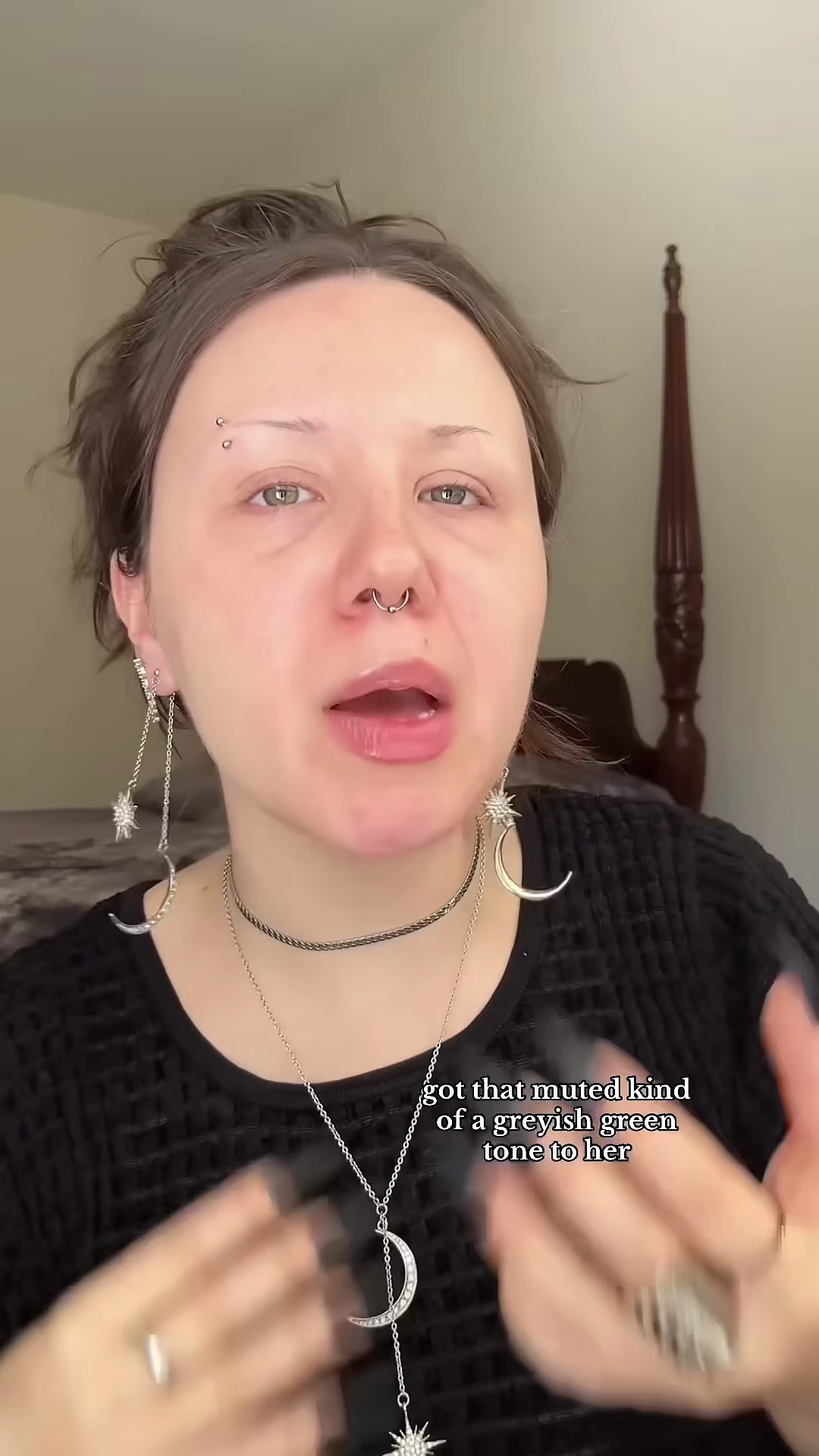 Close-up of foundation on neck showing olive grayish green undertone